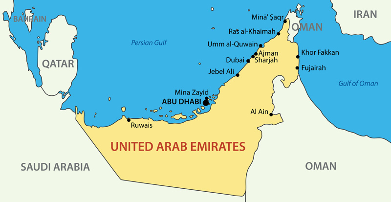 Bản đồ Các tiểu vương quốc Ả Rập thống nhất (UAE).